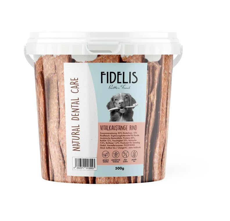 Fidelis - Vitalkaustange Rind - Zahnpflege Snacks für Hunde 500g-Eimer - Luftgetrocknete Leckerlis aus 100% Natürlichen Rohstoffen - Snack zur Zahnhygiene
