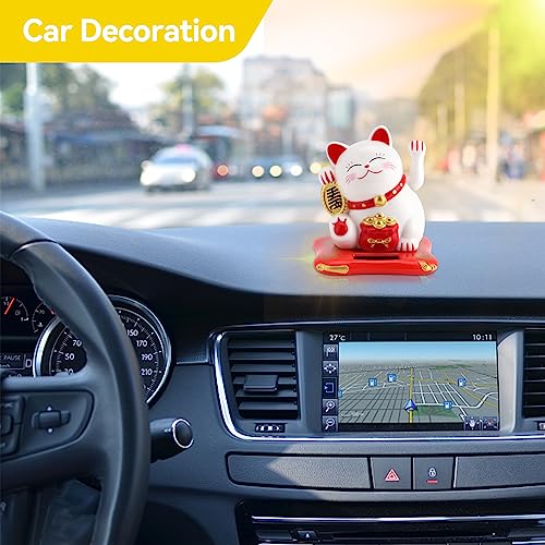 HERCHR Lucky Cat Solar Powered Maneki Neko Beckoning Lucky Waving Cat Chinese Japanese 2.76 x 2.56inch Feng Shui Money Decoration for Home Car Dashboard Decor Welcoming Fortune - Image 4