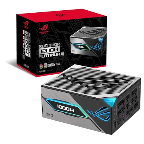 ASUS ROG Thor 1200W Platinum III Fuente de alimentación, 80 Plus Platinum, ATX 3.1, MOSFET GAN, Estabilizador de Voltaje Inteligente, Pantalla OLED magnética, Modo Turbo, 10 años de protección