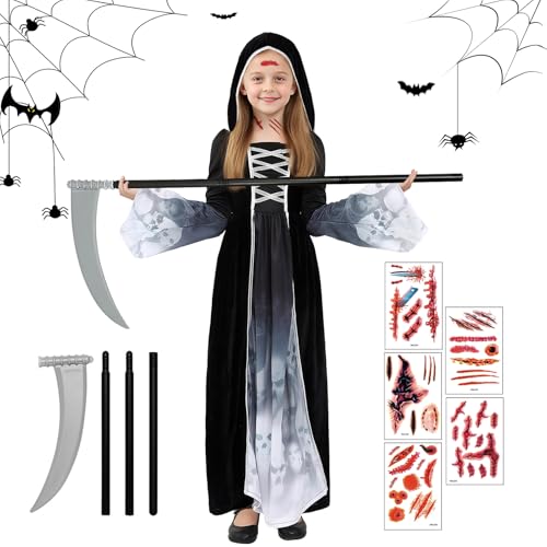 Kefyvbdj Disfraz Muerte Niña de Halloween, Disfraces de Parca Niños con Guadaña Pegatinas de Tatuajes, para Halloween Carnaval Cosplay Fiesta Costume (L)