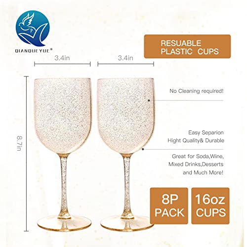 Qianqueyue 8Pack Plastic Wine Glasses Shatterproof Elegant Design |Plastic Stemless Wine Glasses Gold Gliiter |Unbreakable 16Oz Hard Plastic Wine Glasses/Set Of 8 Gold Gliiter Champagne Glasses #TOP1