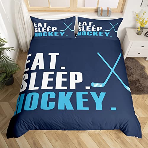 Ice Hockey Comforter Cover Set Hockey Sports Event Bedding Set for Boys Girls Women Men Blue Eat Sleep Hockey Bedding Duvet Cover Set Winter Sports Hobby Room Decor Queen Size Bedspread Cove