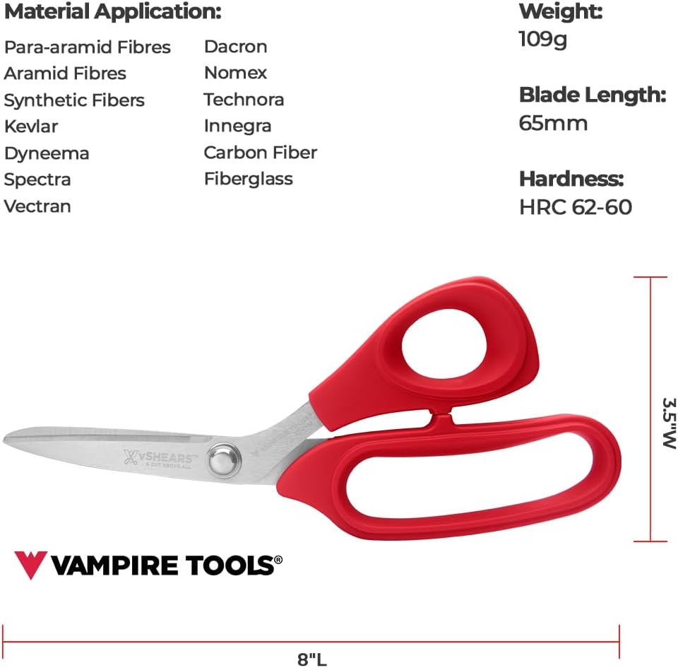 VAMPLIERS 8" Fiber Optic Kevlar Scissors Industrial Grade Carbon Steel Shears - Cuts Kevlar, Dyneema, Spectra, Vectran, Dacron, Nomex, Technora, Innegra, Carbon Fiber, Fiberglass