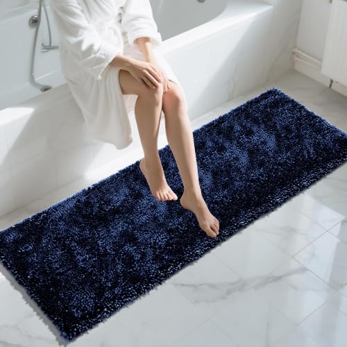 Image of Yimobra Long Bathroom Rugs Runner 70x24 Inch, Extra Thick Soft Absorbent Chenille Bath Mat, Non Slip Machine Washable, Quick Dry Bath Rugs for Bathroom Floor, Tub and Shower, Dark Blue