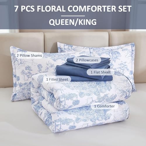 Image of DJY Blue Comforter Set Full, 7 Pieces Full Size Flower Comforters with Sheets Elegant Plants Print Bed in a Bag Soft Microfiber Reversible Complete Bedding Sets for All Season
