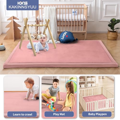 Image of 2-Inch Extra Thick Baby Play Mat for Floor, 59 inchx39 inch Large Ultra Soft Pink Rug, Nursery Rug with Powder-Free Memory Foam & Non-Slip Base for Tummy Time, Perfect for Baby Girl Room Decor