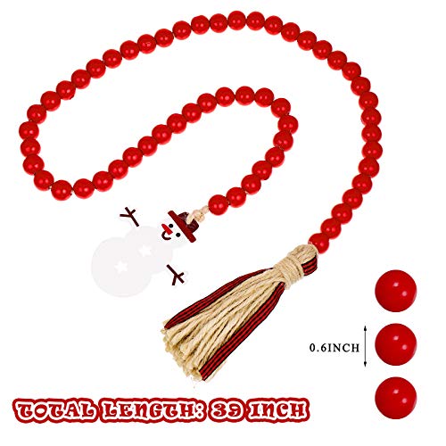 Christmas Wooden Bead Wreath With Buffalo Plaid Tassels, Decorated With Snowman Pendant, Wood Bead Garland Wreath For Christmas Decorations, Farmhouse Wall Hanging Ornaments (Red) #TOP2