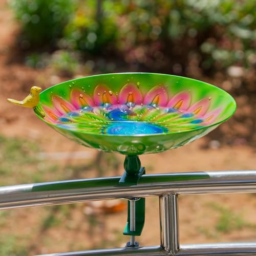 VEWOGIFT Deck Mounted Bird Bath for Outdoors, Peacock Birdbaths with 13 Inches Bowl, Metal Detachable Bird Feeder with Adjustable Clamp for Balcony Railing Garden Yard Decor