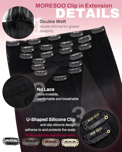 Image of Moresoo Burgundy Red Balayage Clip in Hair Extensions Real Human Hair 24in | Clip ins black to burgundy red ombre, 120g 7pcs, invisible weft for long length and party highlights