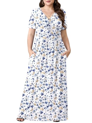 Image of PEVRL Plus Size Summer Maxi Dress for Curvy Women with Pockets 1X-5X | Short Sleeve, Twisted Front V-Neck, Summer Casual A Line Flowy Dress, Empire Waist Floral Print Beach Vacation Long Dress