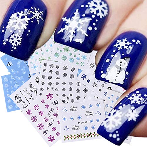 30 Sheets Christmas Nail Stickers, Nail Art Accessories Winter Snowflake Nail Decals Water Transfer Foil Nails Sticker Xmas White Snowflakes Snowman Deer Nail Design New Year Manicure Decoration