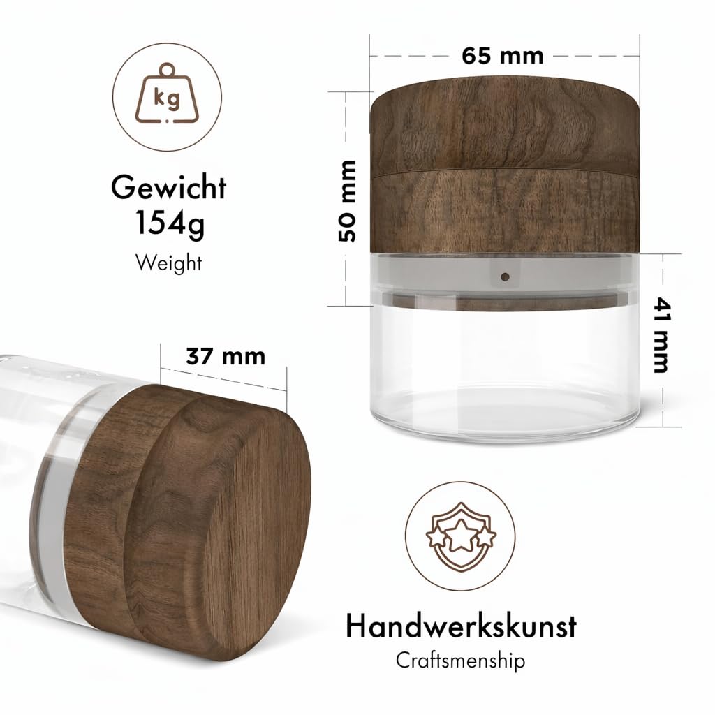 Młynek z drewna Ø 6,5 cm do ziół, przypraw i ziół, ze szklaną komorą na pyłki i magnetyczną pokrywką, 3-częściowy młynek do ziół, drewno orzecha włoskiego