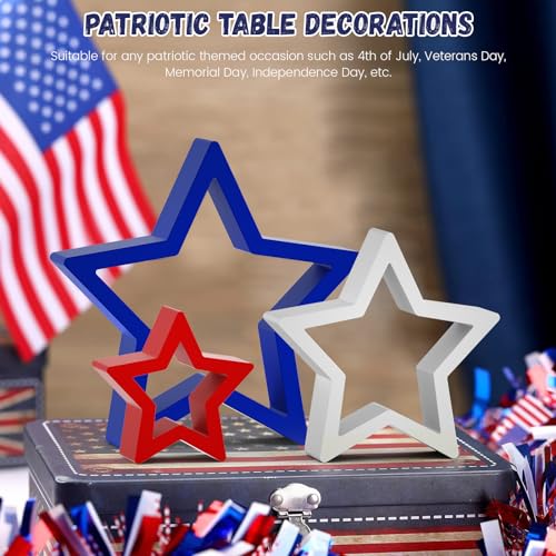 Image of 6 PCS Patriotic Wooden Star Sign Table Decor 4th of July Centerpiece Star Tiered Tray Decoration for Independence Day Memorial Day (Red,Blue and White)