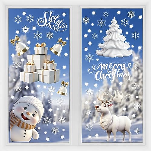 FOPINOA Christmas Window Stickers, 3D Xmas Window Decals White Christmas Window Clings Double Sided for Christmas Window Decorations(8 Sheets)