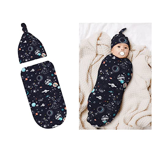 Image of Space Galaxy Constellation Newborn Swaddle Blankets Hat Sets Soft Stretchy Sun Mon Stars Decor Baby Stuff Receiving Blanket Gifts for Infant Baby Boy Girl