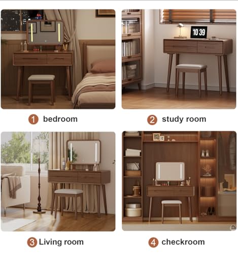 Image of KungFuWood 100% Solid Wood Makeup Vanity Desk with Mirror and Lights,Dressing Table with3 Lighting Modes and 3 Drawers,Vanity Table for Bedroom(No Chairs Included)