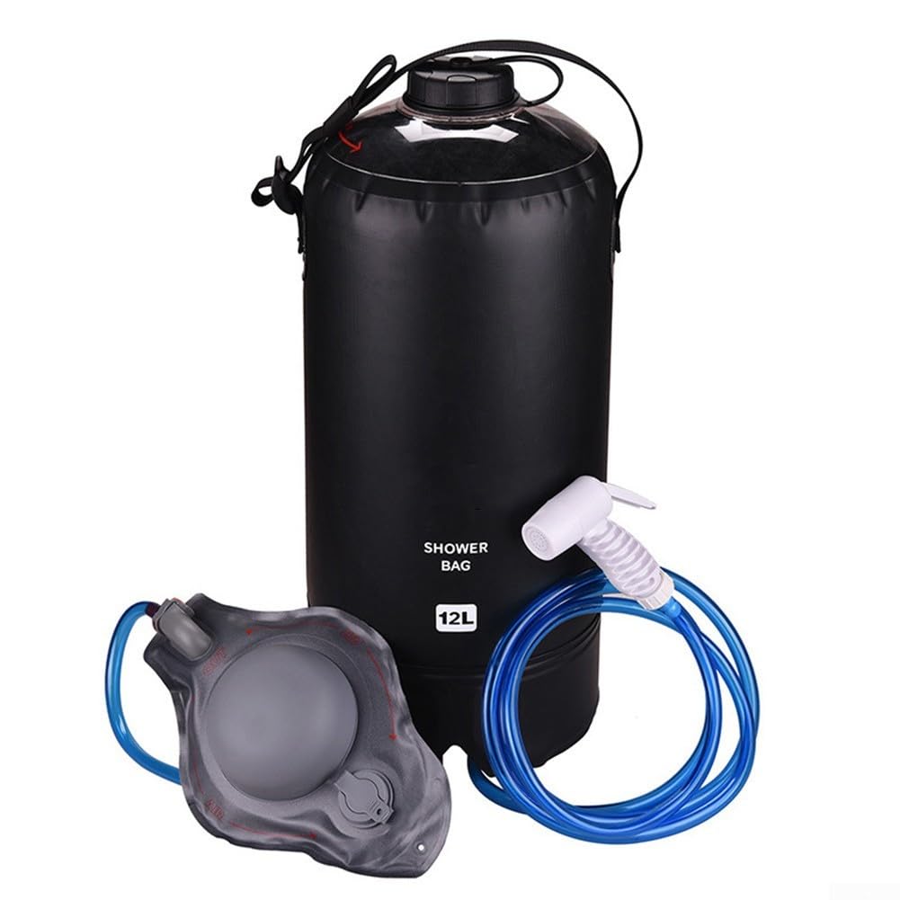 Bolsa de ducha portátil de camping de 12 L con bomba de pie, ducha plegable de PVC 500D para senderismo, playa, lavado de coche, manguera de 200 cm, kit de baño con calefacción solar