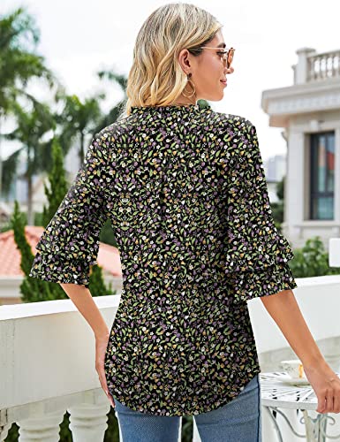 Tfsdod Women's Tops V Neck 3/4 Flutter Sleeve Loose Fit Blouses Ruffle Casual Floral Print Shirts Tunics Black Purple Floral Large #TOP4