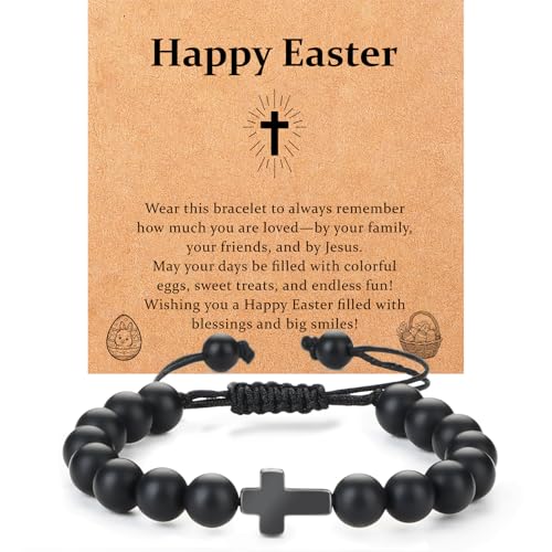Image of Lamyba Easter Gifts for Kids /Teens /Girls, Christian Natural Stone Beaded Bracelets, Easter Basket Stuffers Essentials, Adjustable Cross Bracelets, Blue /Black