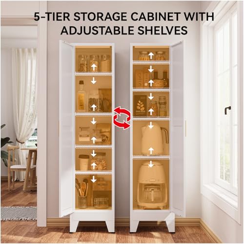 Image of 67 inch Tall Storage Cabinet with Reversible Doors and Adjustable Shelves,Metal Slim Freestanding Cabinet for Bathroom Kitchen Garage Small Spaces,White1 Pack