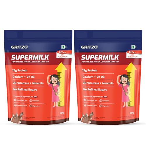 Image of Gritzo SuperMilk Growth+ (Formerly Height+) (13+y Girls), 13g Protein Powder (Double Chocolate, 800g) | Zero Refined Sugar, 20 Vitamins & Minerals | Pack of 2