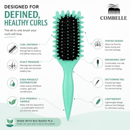 Image of Combelle 5-in-1 Curl Hair Brush | Vegan Boar Bristles | Bio-Based PLA Handle | Detangling, Defining & Frizz Control for Curly & Wavy Hair | For Men & Women - Multicolor
