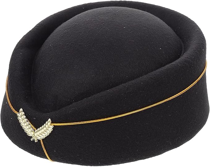 1Pcs Black Felt Stewardess Pillbox Hat - Flight Attendant Uniform Cap for Women Ladies - Cosplay Perform Accessories