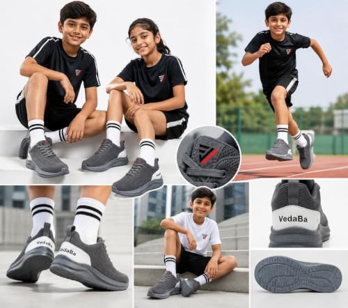 Image of Unisex Kids Sports Shoes | Lightweight Lace-Up Sneakers | Breathable Mesh Upper | Cushioned Sole | Comfortable Walking Running Casual Shoes for Boys & Girls