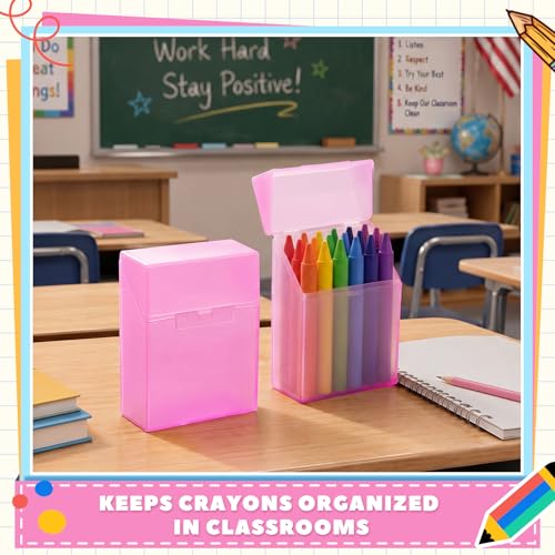 Image of Clabby 24 Pcs Clear Plastic Crayon Boxes Hold 24 Count, Pink | Organizer Box, Case, Colorful, Portable Storage Holder with Snap Lid, for Kids Boys Girls School Classroom Home Art Supply