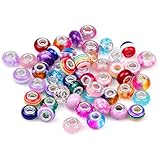 50 Stück Glasperlen Europäische Perlen, Bunte Perlen zum Auffädeln mit Großem Loch Runde Großlochperlen Vintage Art Blumenmuster Farbfüllung für DIY Schmuckherstellung, Armbänder, Halsketten Basteln