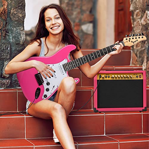 Lyxpro 40 Watt Electric Guitar Amplifier | Combo Solid State Studio Amp With 8” 4-Ohm Speaker, Custom Eq Controls, Drive, Delay, ¼” Passive/Active/Microphone Inputs, Aux In & Headphone Jack - Pink #TOP5
