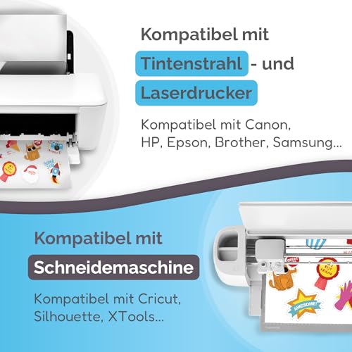 Bedruckbares Vinyl-Aufkleberpapier – 32 Blatt – glänzend, A4 – Vinyl-Aufkleberpapier für Laser- und Tintenstrahldrucker – Sticker Papier zum Bedrucken – Trocknet Schnell, Lebendige Farbe