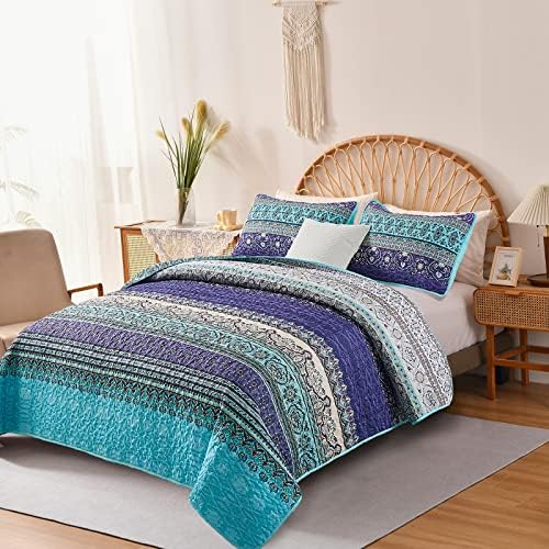 Goodidea Boho Quilt Set Queen Size, Bohemian Reversible Printed Bedspread Coverlet Set for All Season Soft Microfiber 3 Pieces Bedding Set (Purple, 96"x90")