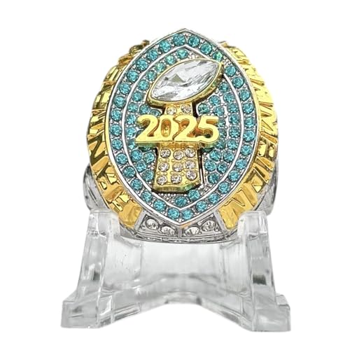 Legacy Rings 2025 Fantasy Football Championship Trophy Ring Gold Silver Tone, Award for Fantasy Football League Winner Light Blue Stones