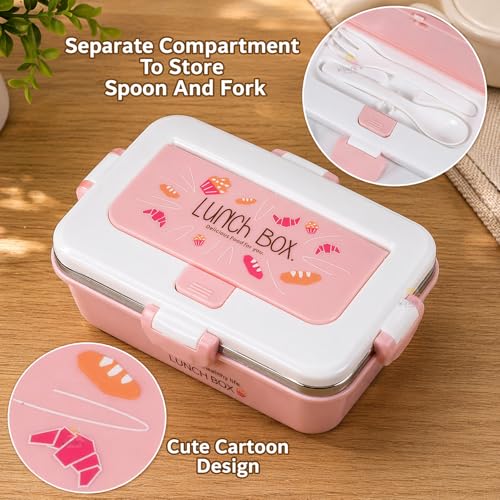 Image of WISHKEY Plastic BPA Free Stainless Steel Medium Size Lunch Box with Separate Container, a Spoon & a Fork, Soft Color Tiffin Box & Cutlery Accessories for Kids & Adults, 500 ml, Pink, 6+Years(Set of 1)