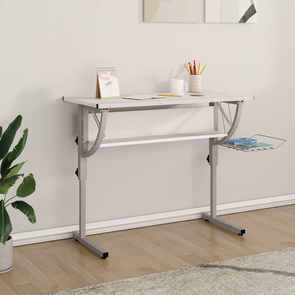 Bureau de Dessin inclinable, Table d'artisanat réglable avec étagère, Bureau d'architecte en Acier et Bois pour Travail et création, 110x53x(58-87) cm, Blanc et Gris