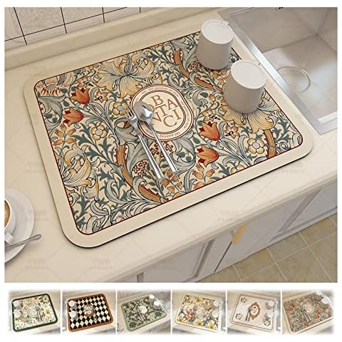 Fantasy Style Draining Mat, Absorbent Dish Drying Mat, Drying Pads for Kitchen Counter, Vintage Floral Plates Non-Slip Drain Pad Quick Dry Mats Kitchen Accessories (A) Cover