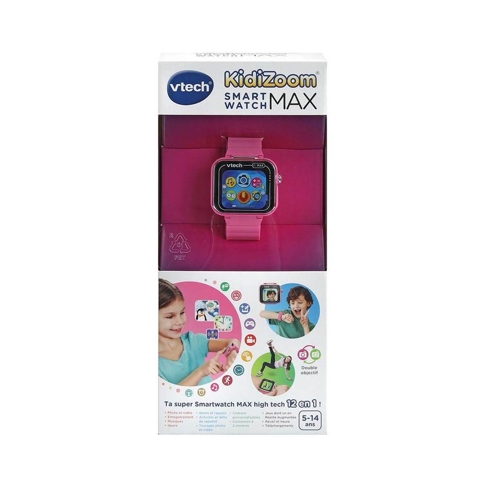 VTech - KidiZoom SmartWatch Max Rose, Montre Digitale Enfant, Photo, Selfie, Vidéo, Écran Tactile Horizontal, Jouet High-Tech, Cadeau Enfant et Ado de 5 Ans à 14 Ans - Contenu en Français