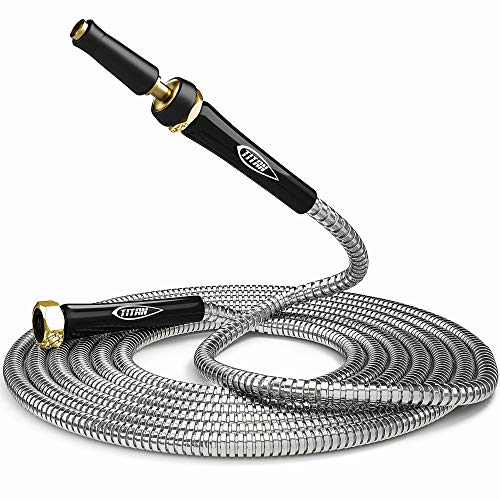 Titan 150Ft Metal Garden Hose - Flexible Water Hose With Solid 3/4" Brass Connectors 360 Degree Brass Jet Sprayer Nozzle - Lightweight Kink Free Strong And Durable Heavy Duty 304 Stainless Steel #TOP1