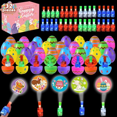 Zaffaella 32 Prefilled Easter Eggs with Finger Lights Egg Fillers, Easter Basket Stuffers Gifts for Kids Teens Plastic Glow In The Dark Easter Eggs Filled Toys for Kids Boys Girls Party Favors Egg