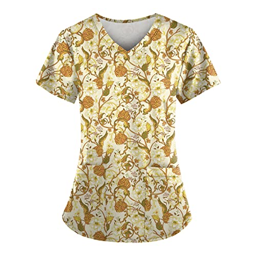 Women's Jogger Scrub 2023 Spring Training Cute Oversized Tops Woman Short Sleeve Soft V Neck Cotton Comfy Print With Pockets Tops Ladies Yellow #TOP24