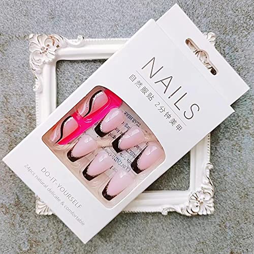 24Pcs French Tip Press On Nails Medium Fake Nails Black Glitter Stick On Nails European And American Stripes Glue On Nails Square Shaped Design Acrylic False Nails For Women Or Girl Manicure #TOP2