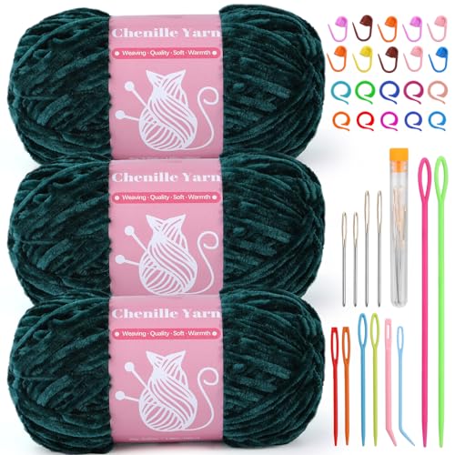 Image of LUNARM Chenille Velvet Yarn for Crocheting Knitting, 3 Pack of 100g /3.5oz Velvet Yarn for Crocheting & Knitting, 486 Yard Soft Yarn for Making Creations & Crochet & More (Dark Green)