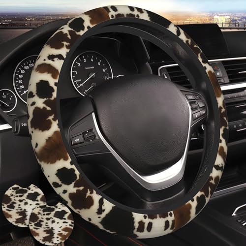Cow Print Steering Wheel Cover - 2 Car Cattle Cup Coasters