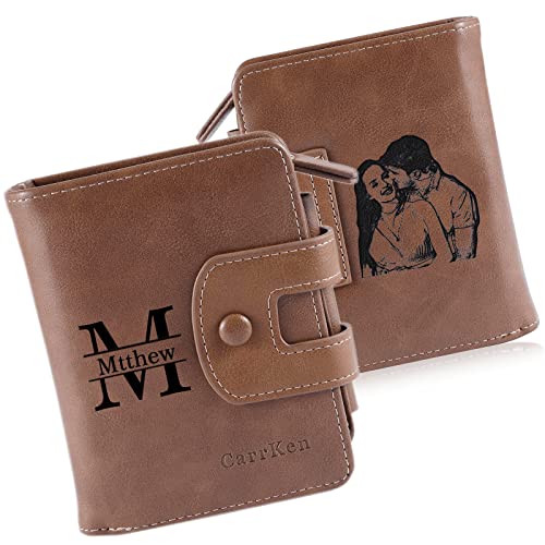 Nobelook Personalized Wallet for men Custom Engraved Mens Wallets with Photo Monogram Name Trifold Vertical Short Leather Wallet Lock Zipper Purse for Father Dad Husband Son BF