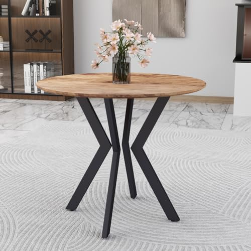 GOLDFAN Round Wooden Dining Table with Black Metal Legs Retro 90cm Circle Kitchen Tables for ...