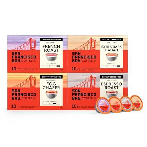 Image of San Francisco Bay K-Cup Coffee Pods Dark Roast Variety Pack (40 ct), Includes Fog Chaser, Espresso Roast, French Roast, & Extra Dark Italian, Commercially Compostable Single-Serve Coffee Pods