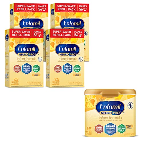 Enfamil NeuroPro Baby Formula, Brain and Immune Support with DHA, Non-GMO, 20.7 Oz Reusable Powder Tub and 31.4 Oz Refill Box (Pack of 4)
