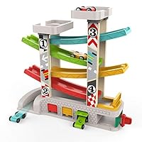 TOP BRIGHT Car Ramp Toy for 2 3 Year Old Boy Gifts, Toddler Race Track Toy for 18 Month Old with 4 Wooden Cars and 3 Car Garage