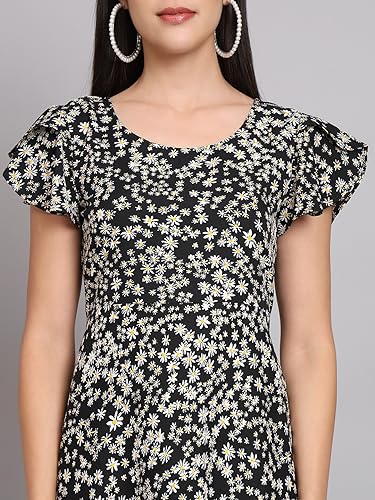 Image of Dream Beauty Fashion Women's Polyester Printed A-line Round Neck Bell Sleeve Knee-Long Dress (Elora-Dress-01)